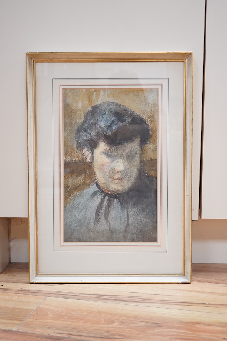 Gossera?, Head and shoulders portrait of a seated woman, signed, mixed media and gouache, 36 x 21cm